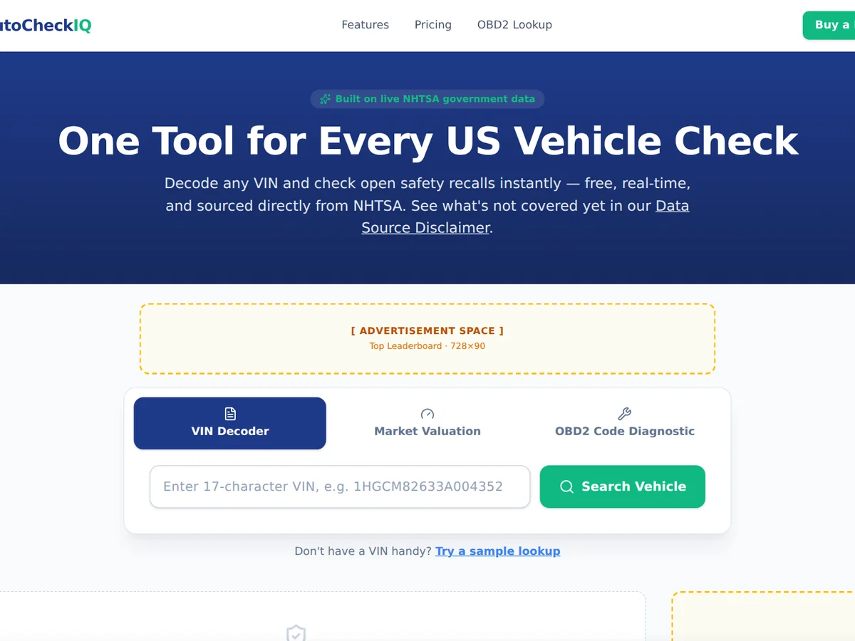 AutoCheckIQ web app: One Tool for Every US Vehicle Check, with VIN decoder, market valuation and OBD2 code diagnostic tools
