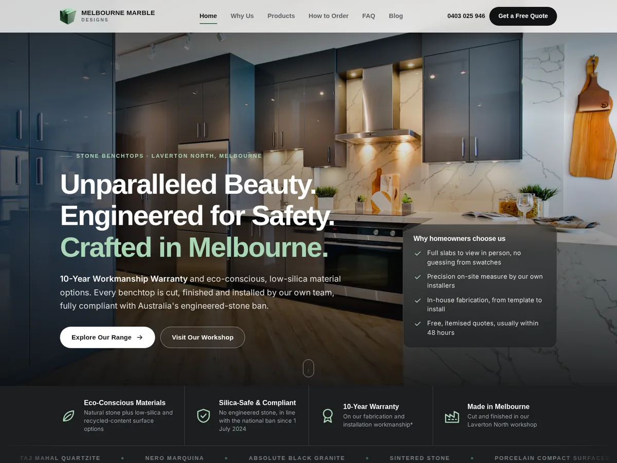 Melbourne Marble Designs website in progress: stone benchtop kitchen hero with the headline Unparalleled Beauty. Engineered for Safety. Crafted in Melbourne.