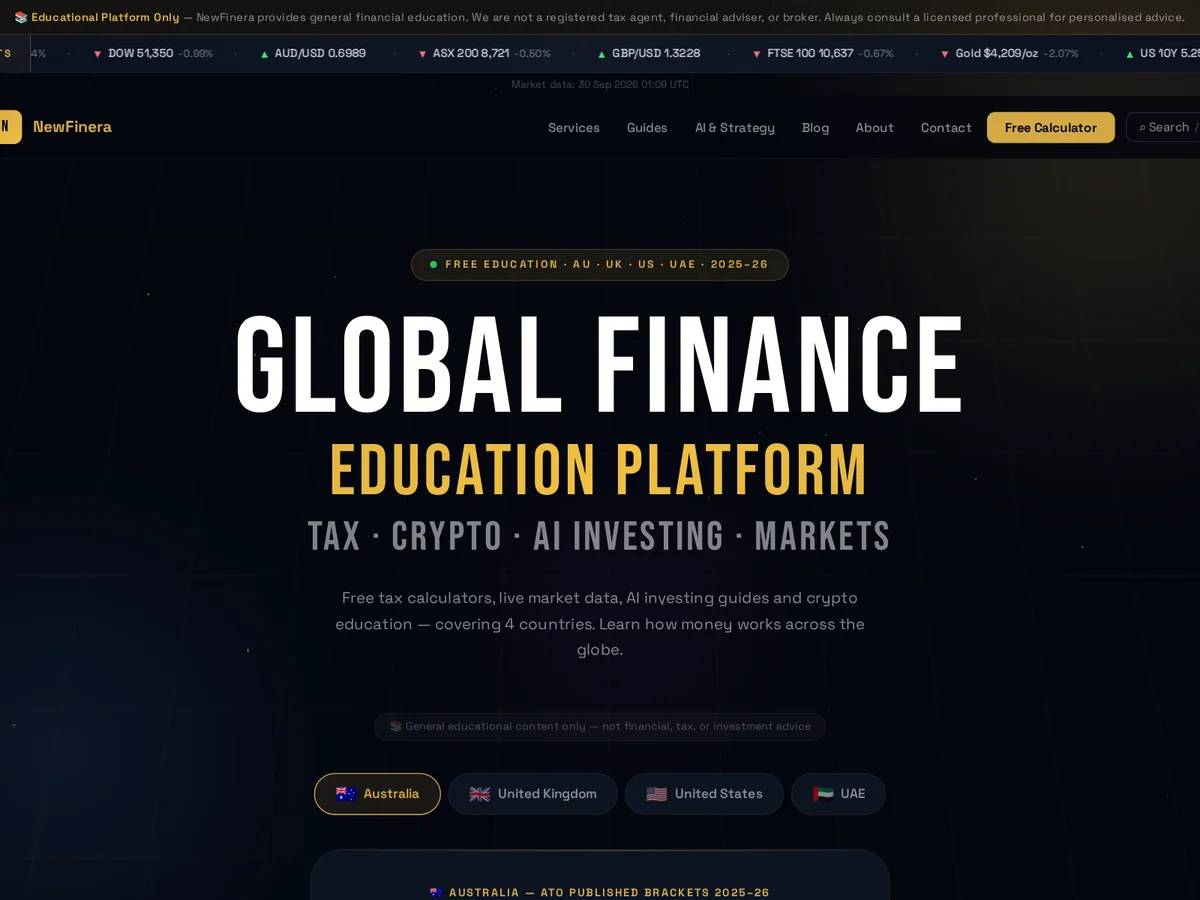 NewFinera website: Global Finance Education Platform hero with live markets ticker and country tax calculator tabs
