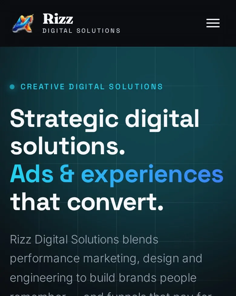 The Rizz Digital Solutions website on a phone: hero headline, services and campaign dashboard