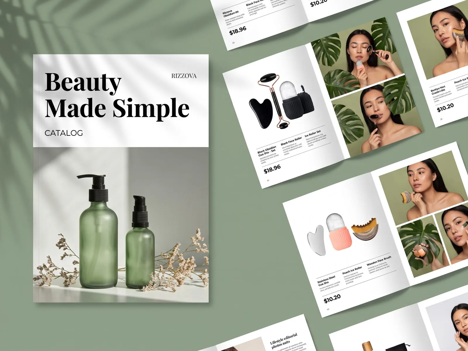 Rizzova 'Beauty Made Simple' skincare catalogue designed by Rizz Digital Solutions: front cover and open inner spreads with gua sha and face roller product pages on a sage green flat lay