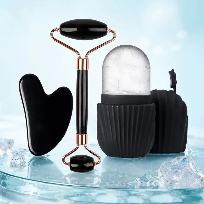 Before: Rizzova's original product photo of the black obsidian gua sha, face roller and ice roller set