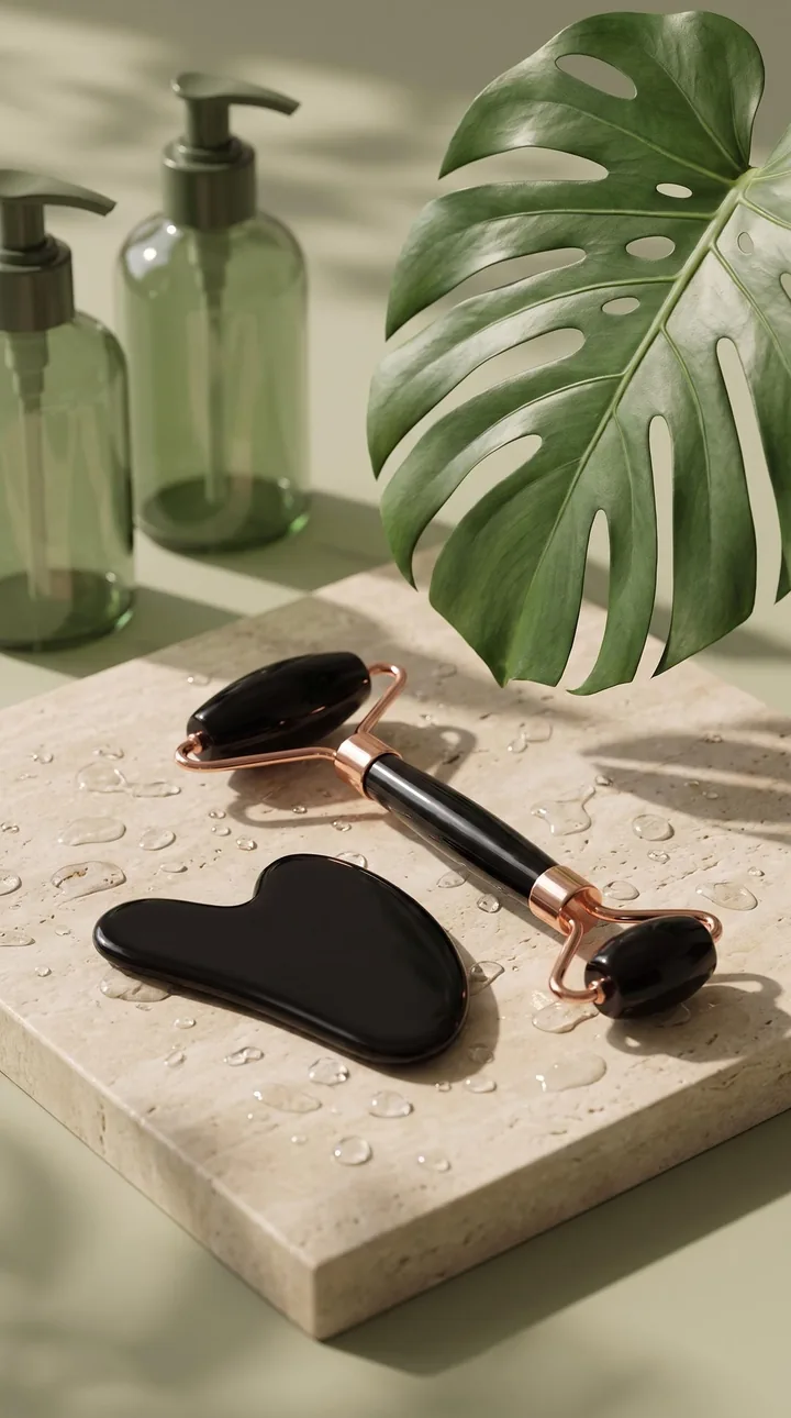 Lifestyle scene: Rizzova obsidian face roller and gua sha on travertine stone with a monstera leaf