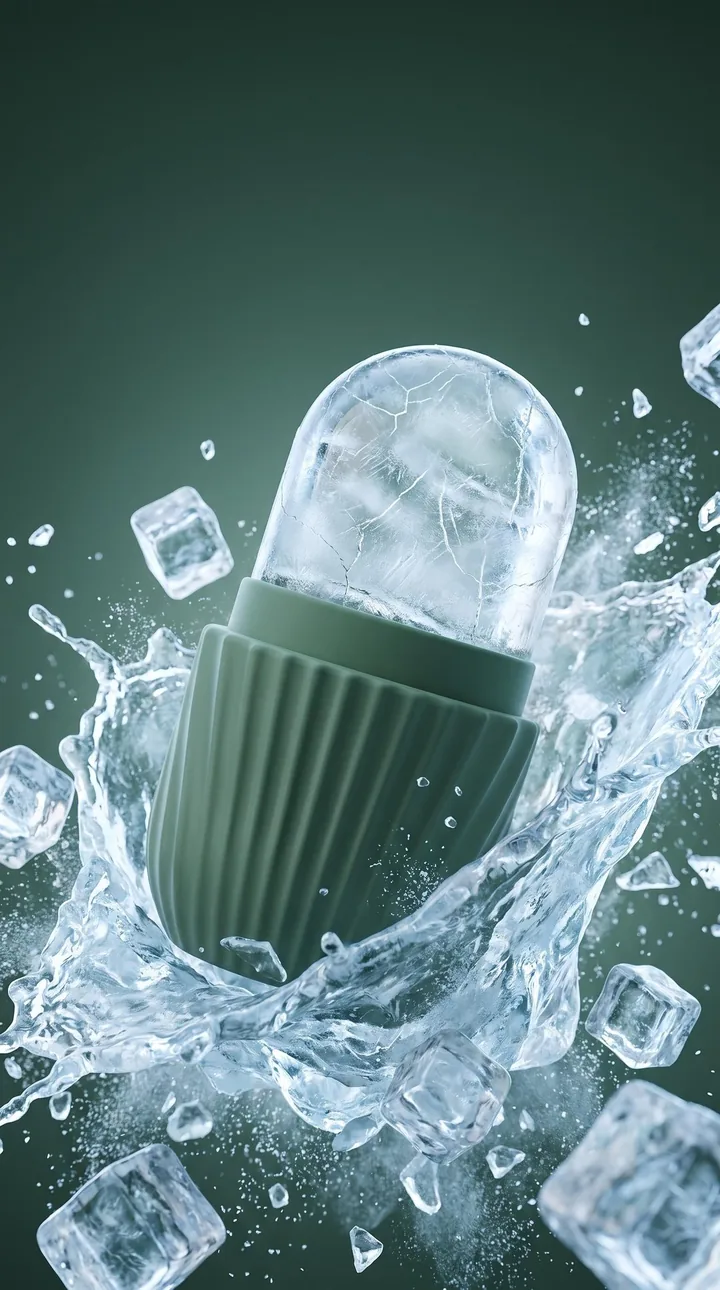 Splash action ad creative: Rizzova ice face roller bursting through icy water with ice cubes