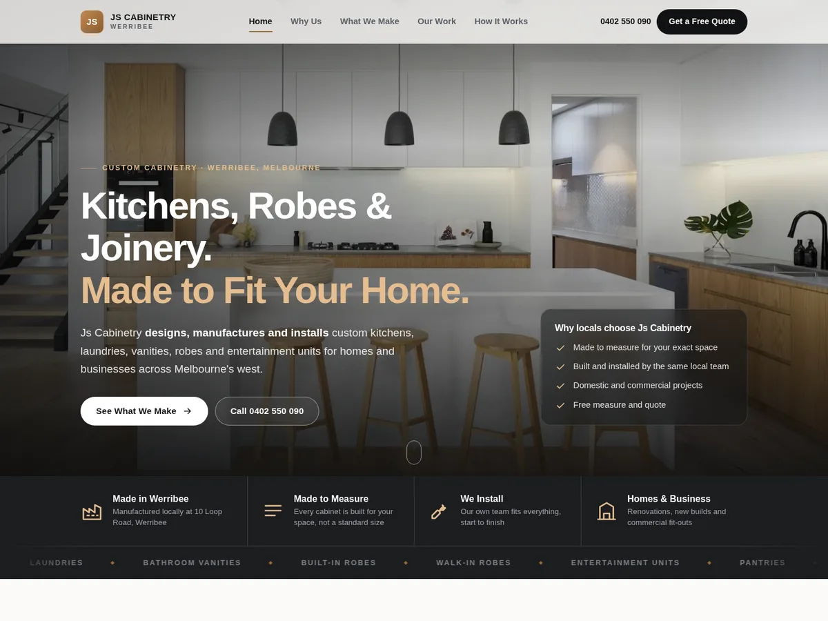 A kitchen and cabinetry website concept designed by Rizz Digital Solutions